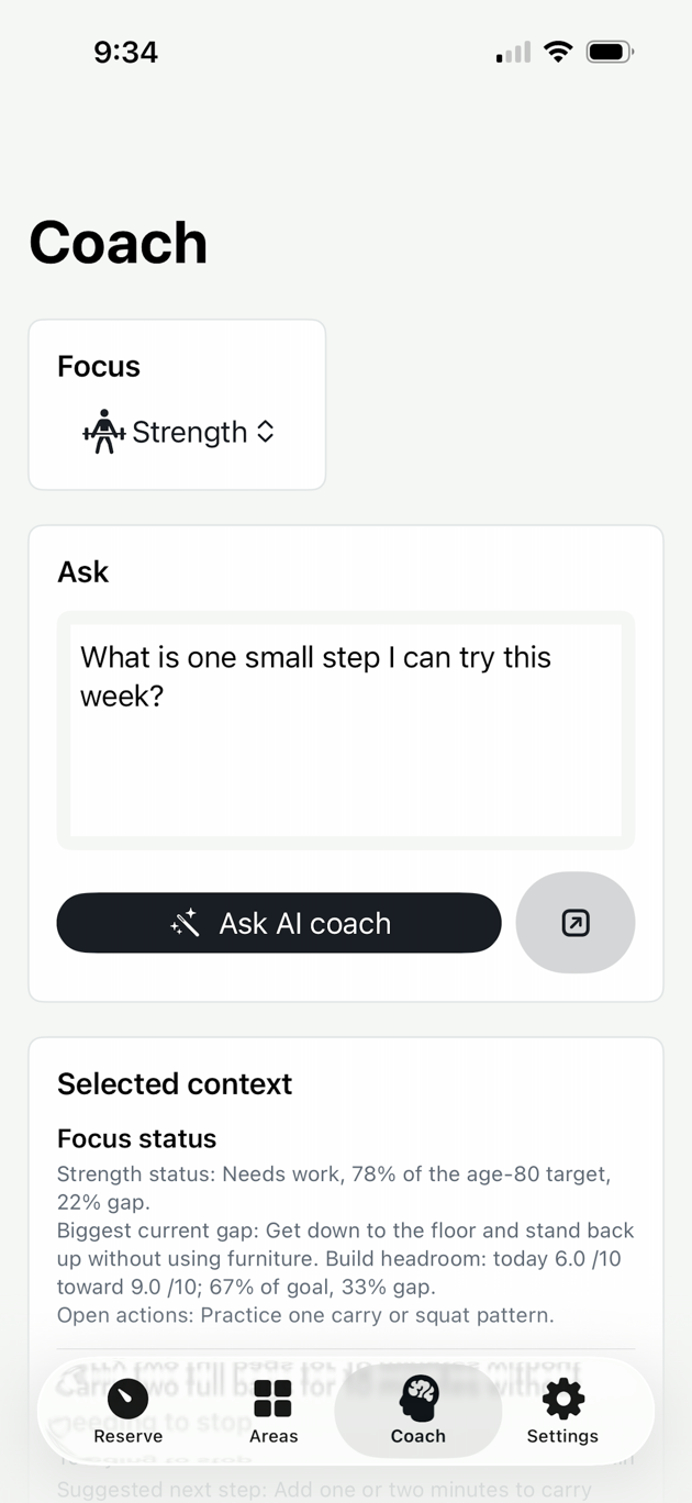 AI Coach screen focused on a small next step for strength
