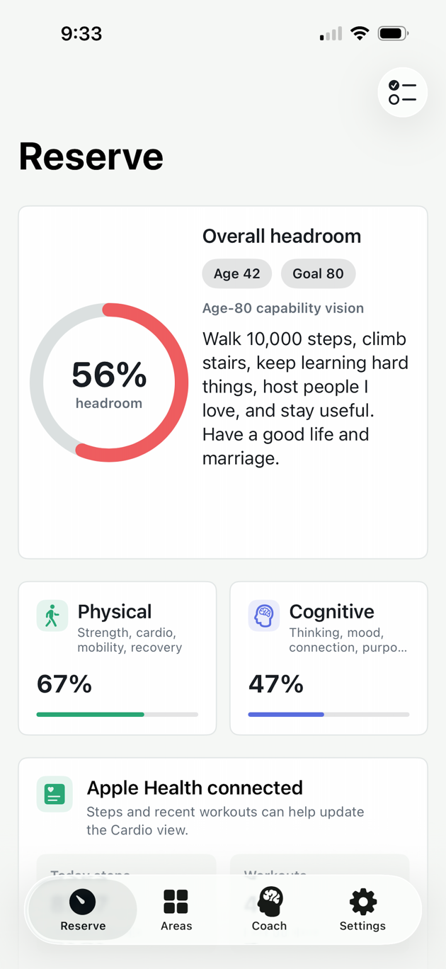 Room to Thrive Reserve screen showing overall headroom, physical and cognitive reserve, and Apple Health context