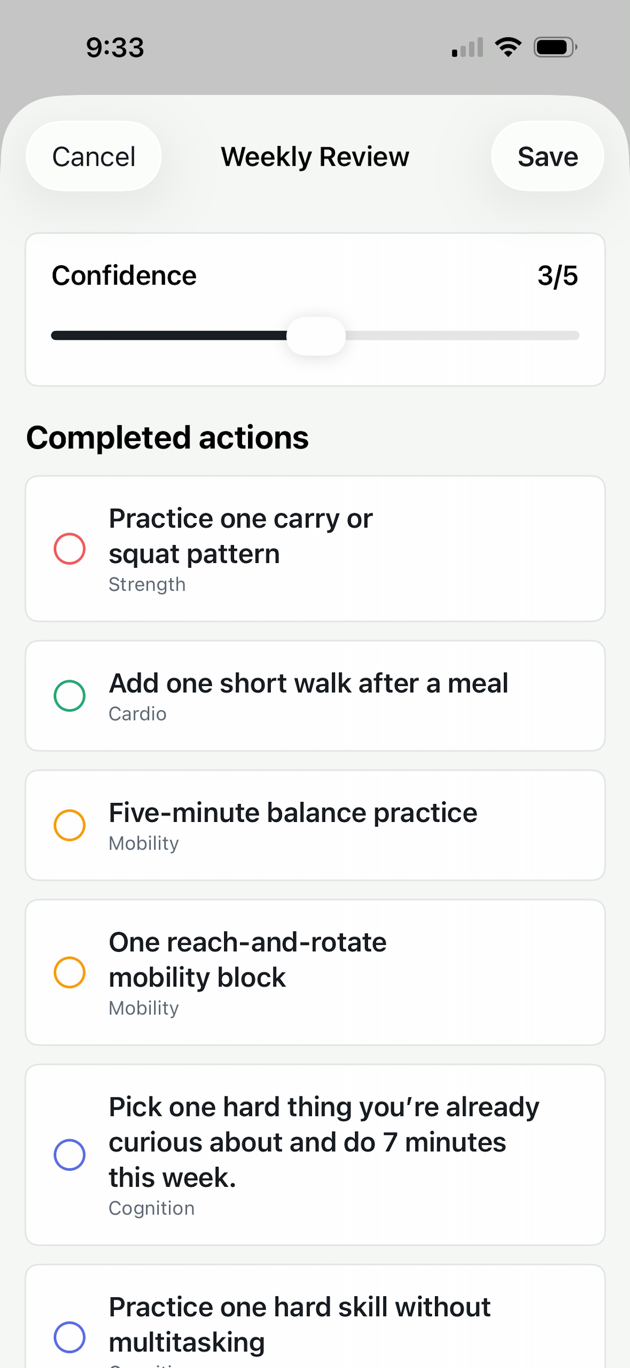 Room to Thrive Weekly Review screen showing a confidence check and completed actions